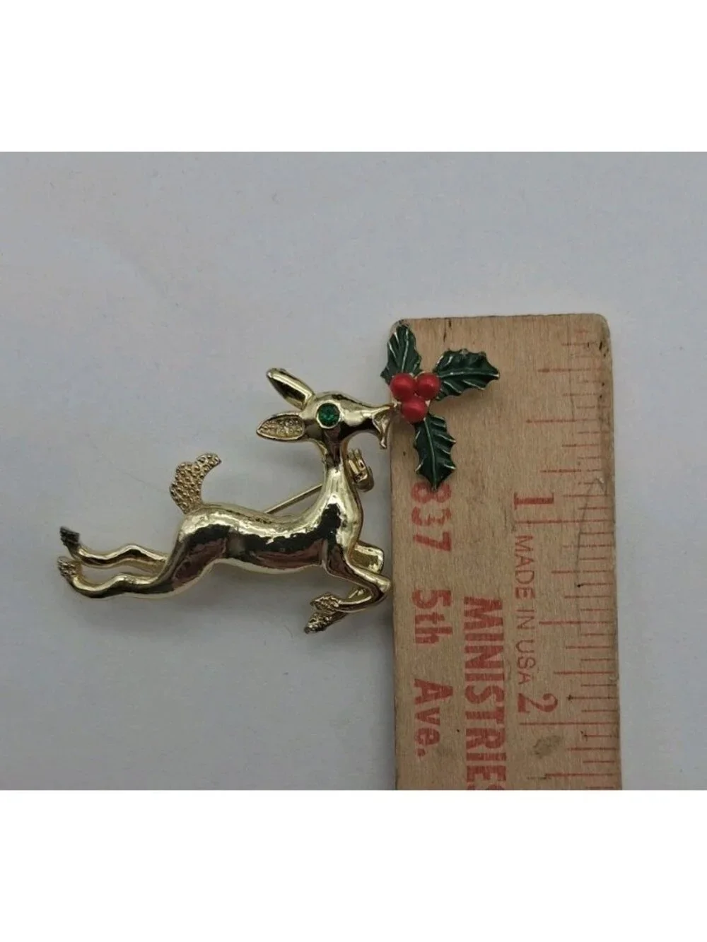 Vtg Reindeer Holly Brooch Pin Enamel Goldtone Jumping Rhinestone Christmas Gerry